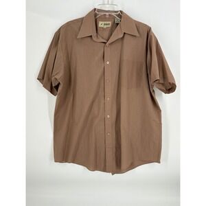 Haband Men's Short Sleeve Button Up Shirt Size 16.5 Brown Polyester Blend Casual
